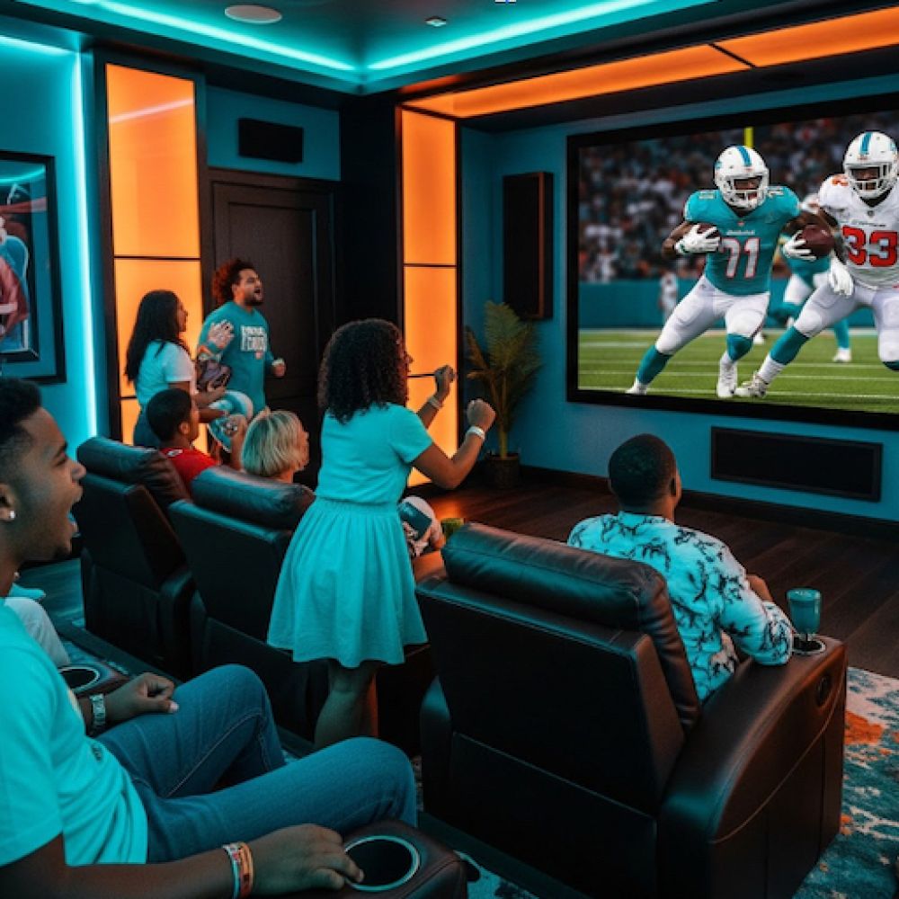 <span class="uk-h4">A football color-themed home theater with people seated and standing, cheering on the team on the screen.</span>