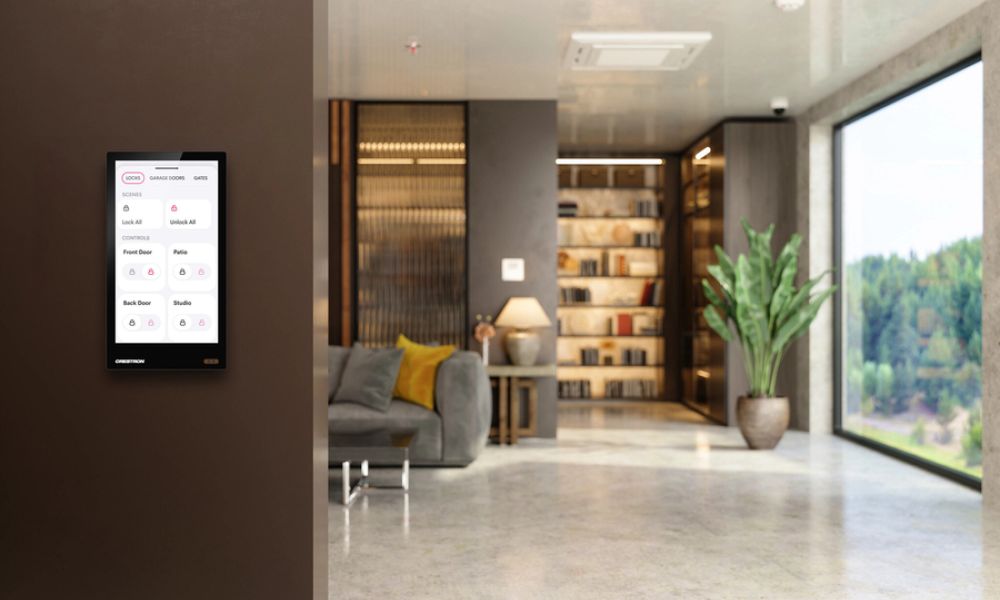 <span class="uk-h4">Wall-mounted smart home touchscreen controlling lighting, locks, and security.</span>