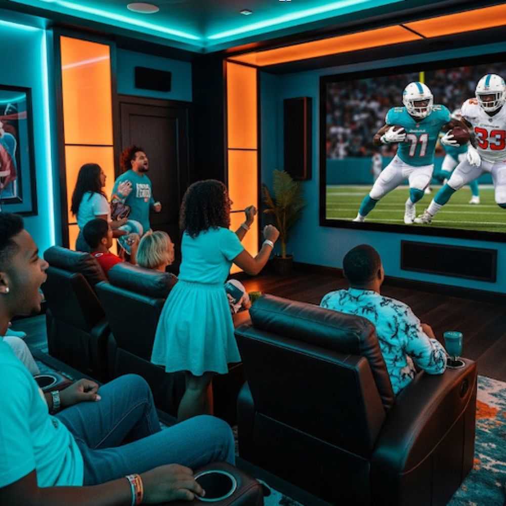 <span class="uk-h4">A football color-themed home theater with people seated and standing, cheering on the team on the screen.</span>