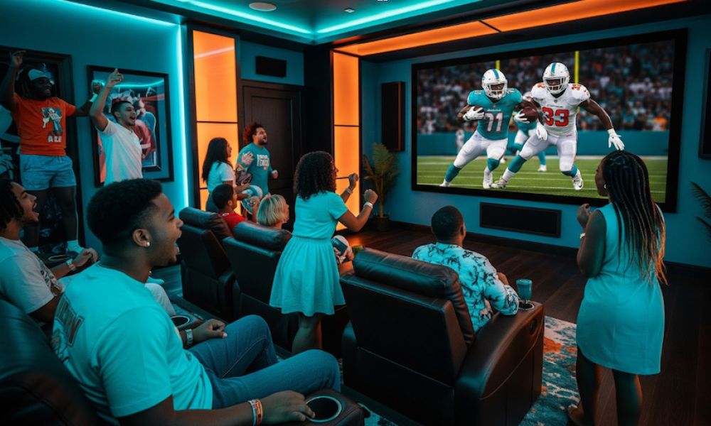 <span class="uk-h4">A football color-themed home theater with people seated and standing, cheering on the team on the screen.</span>