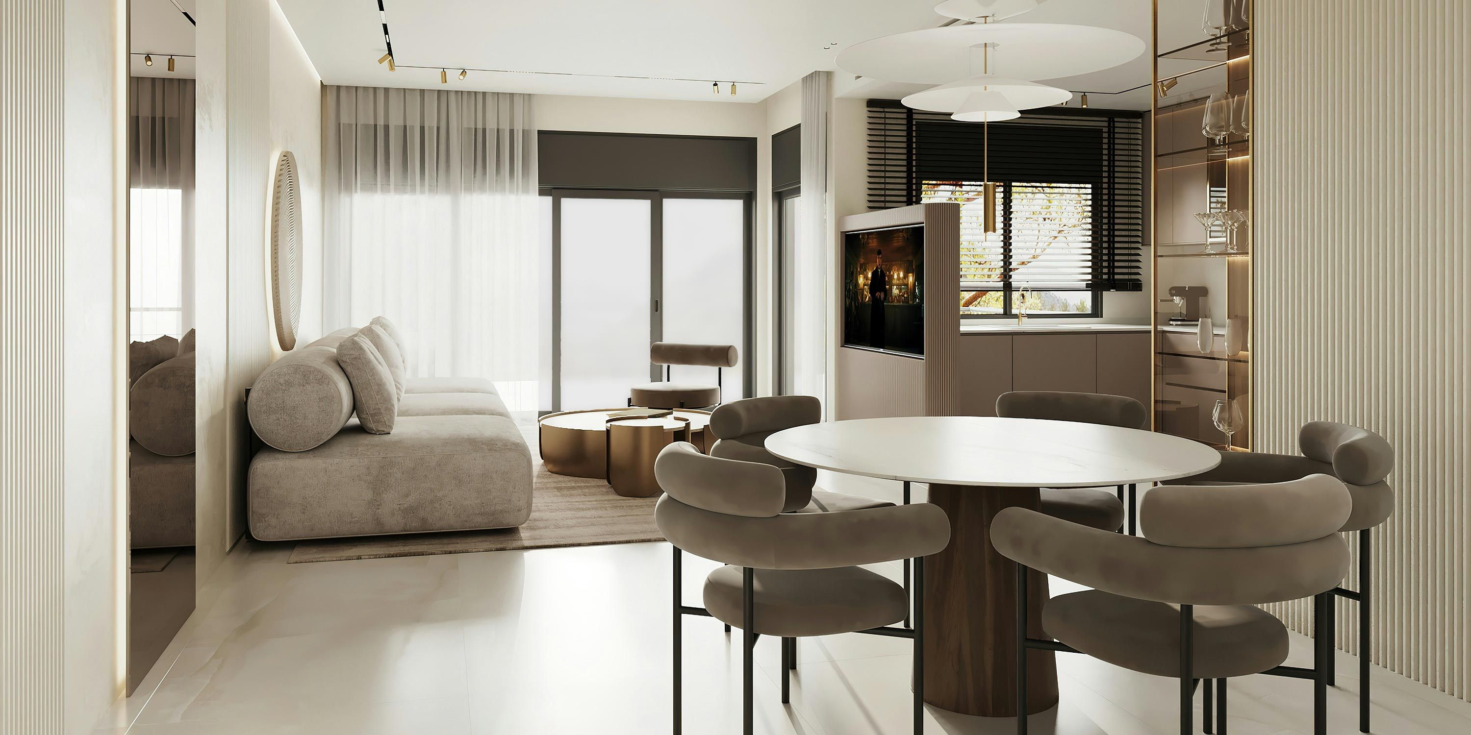 A modern living space with a minimalistic dining area, neutral tones, and large windows allowing sunlight.