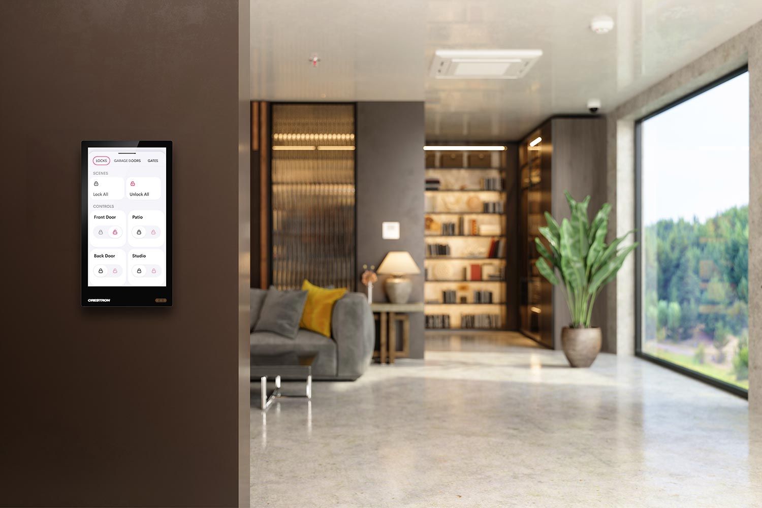 Woman interacting with a wall-mounted security control interface in a bright room.