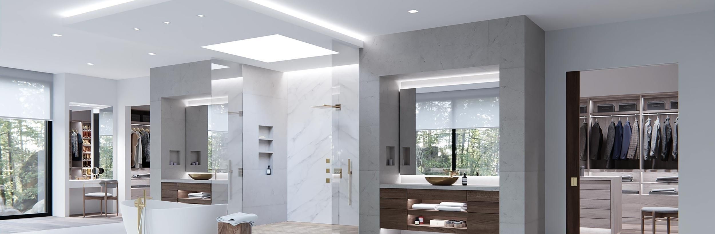 Spacious, contemporary bathroom with linear lighting, a walk-in closet, and a large window overlooking nature.