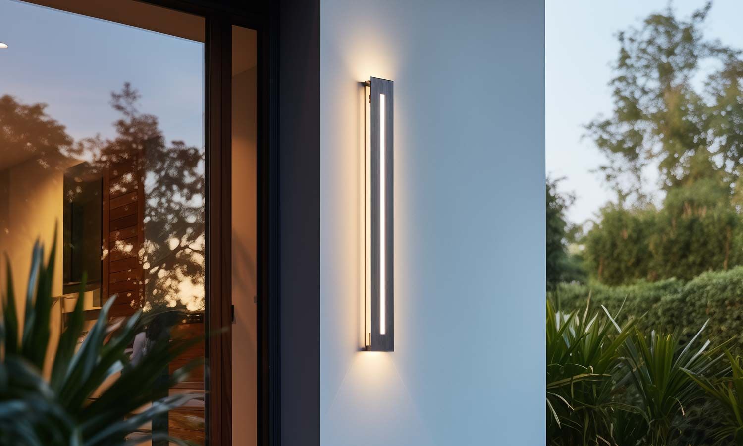 Minimalist LED wall light casting a soft glow on the exterior of a modern house.