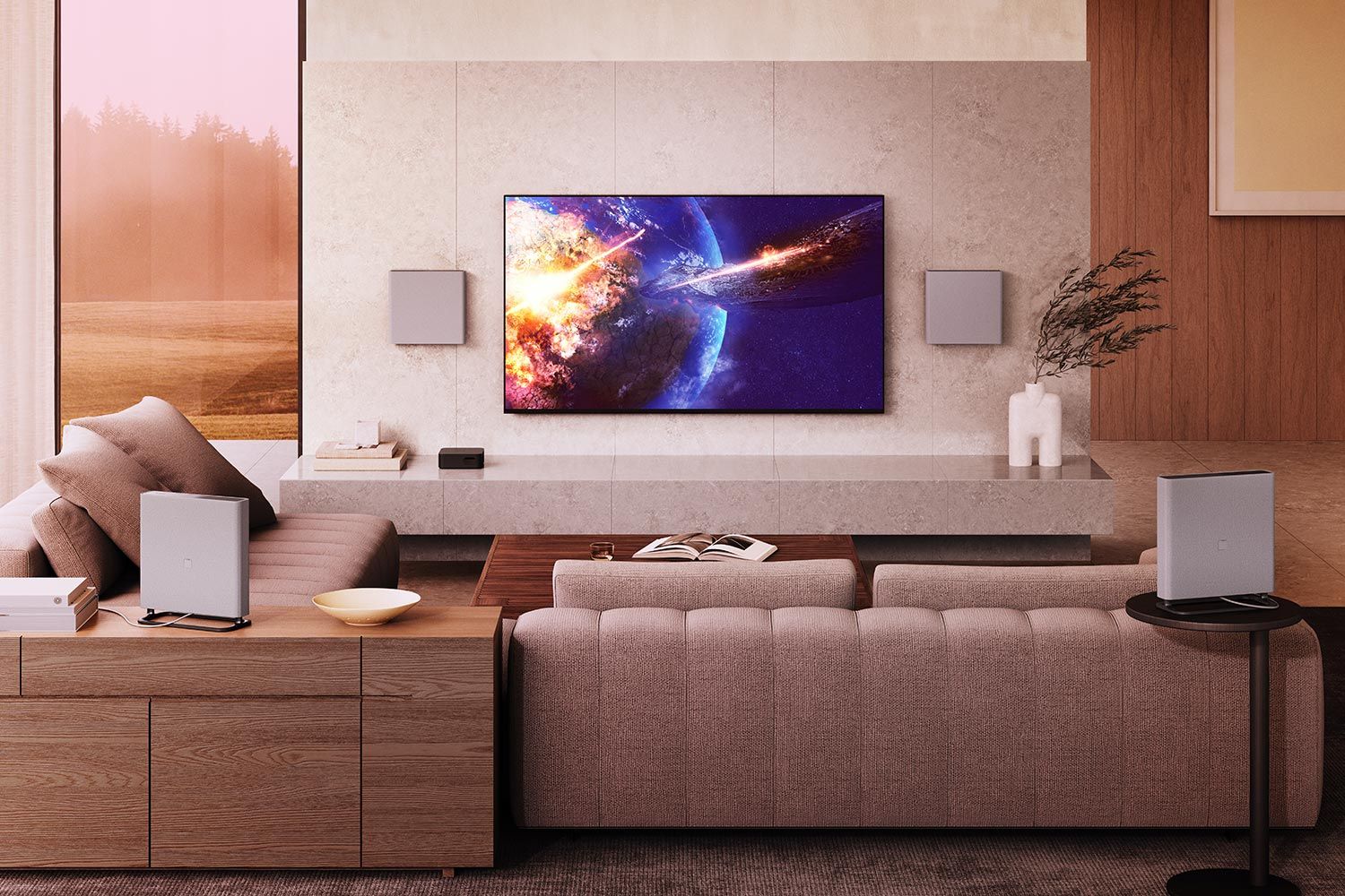 Modern living room with a mounted screen displaying a vivid space battle scene.