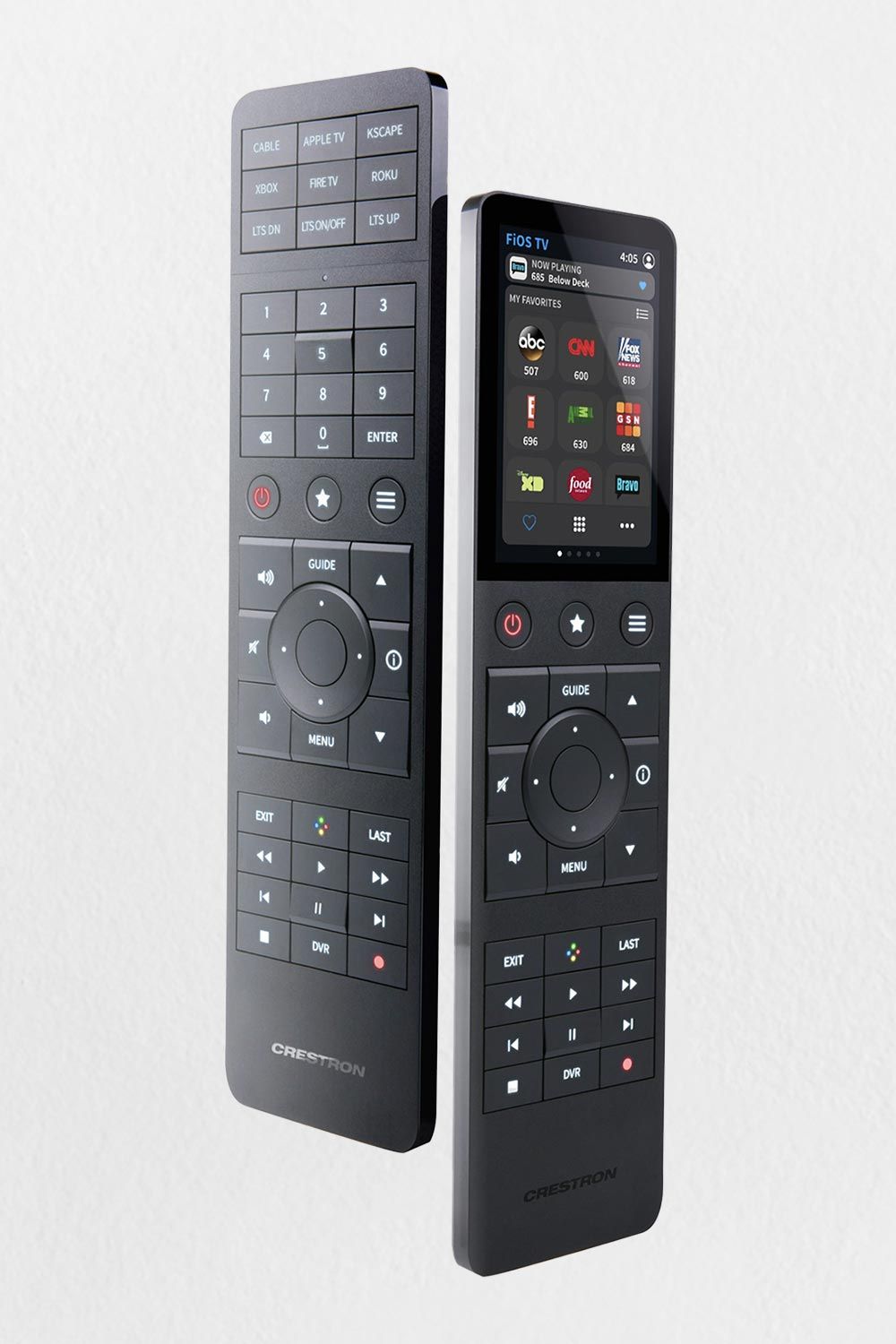 Two Crestron remote controls with buttons and a touchscreen displaying a TV guide and favorites.