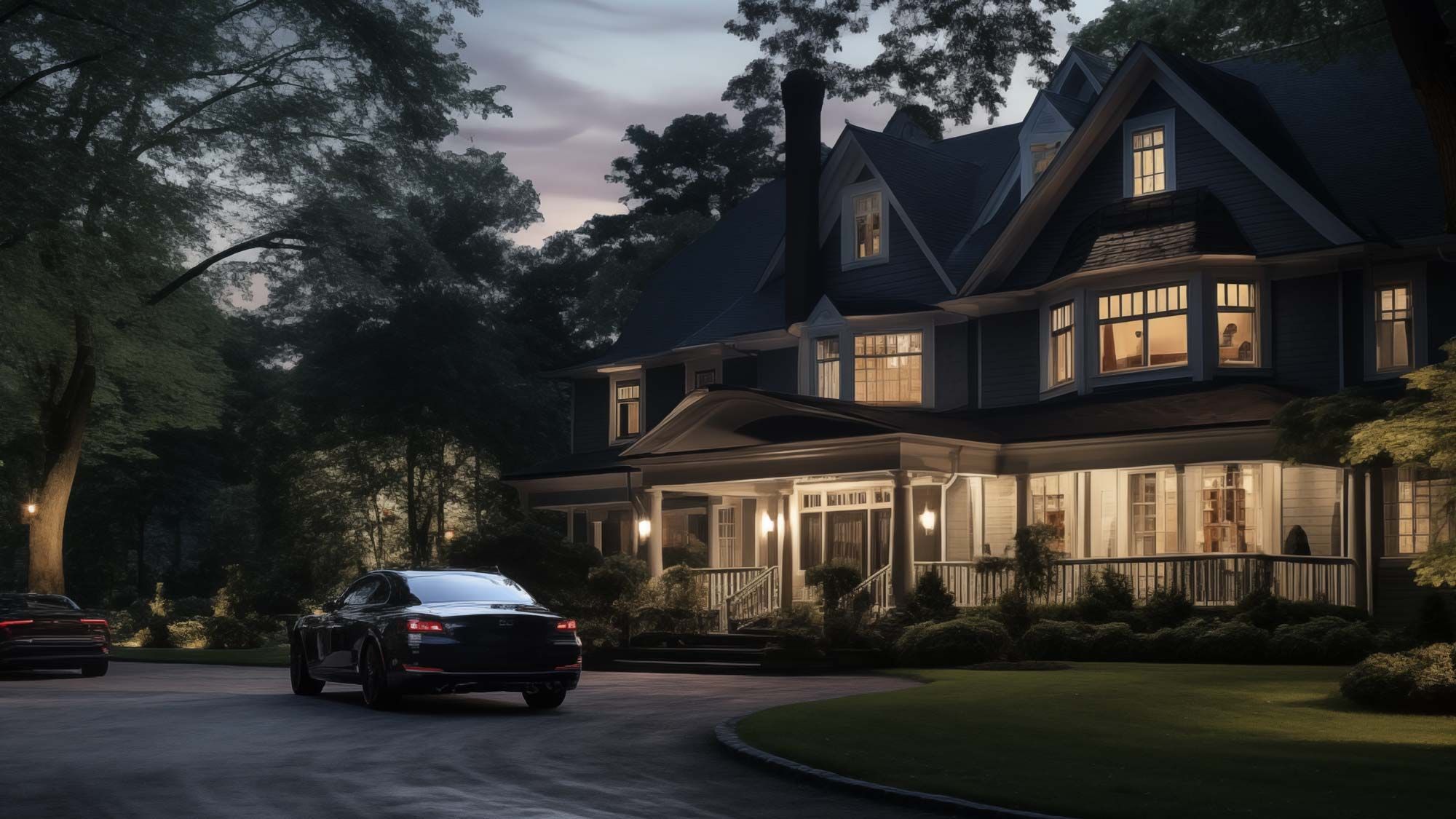 A charming house with elegant outdoor lighting and cars in the driveway.