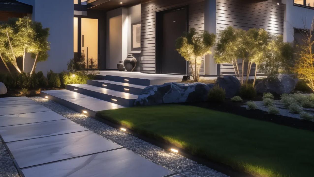 Contemporary front yard with pathway lights integrated into sleek concrete steps.