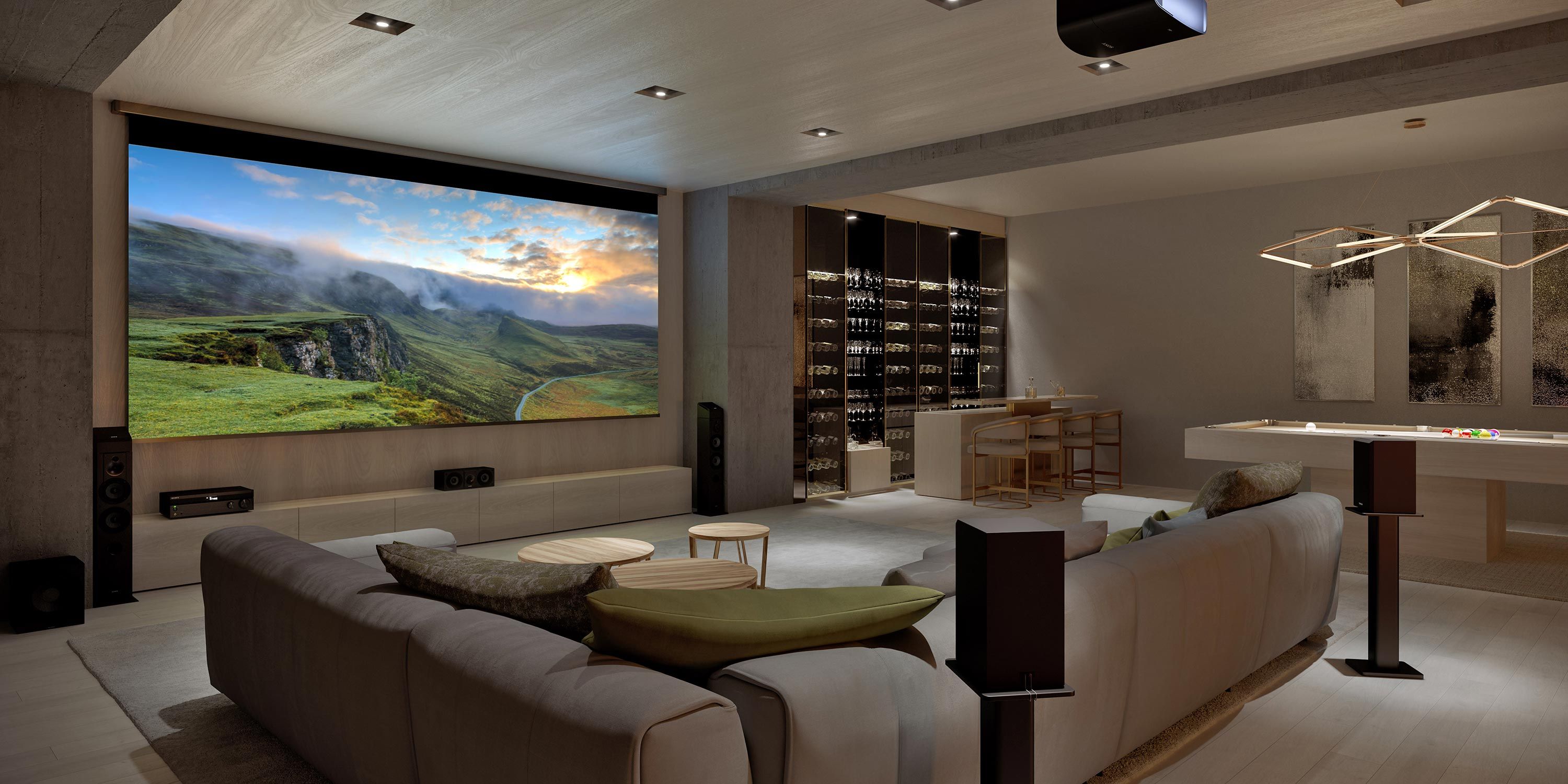 Stylish indoor entertainment area with a home theater, wine display, and billiards table.