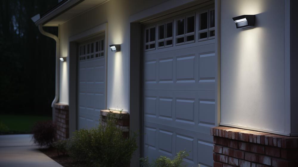 Garage exterior lit by minimalist black wall-mounted security lights at night.