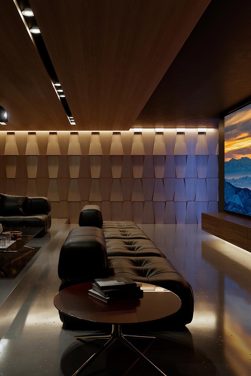 A luxurious home theater with leather seating, a large screen, and wooden acoustic paneling on the walls.