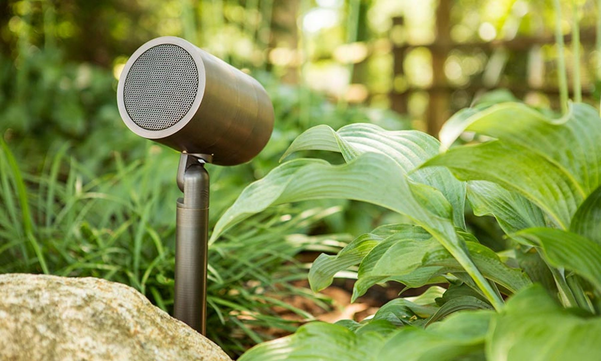 A sleek outdoor speaker surrounded by lush greenery in a garden setting.